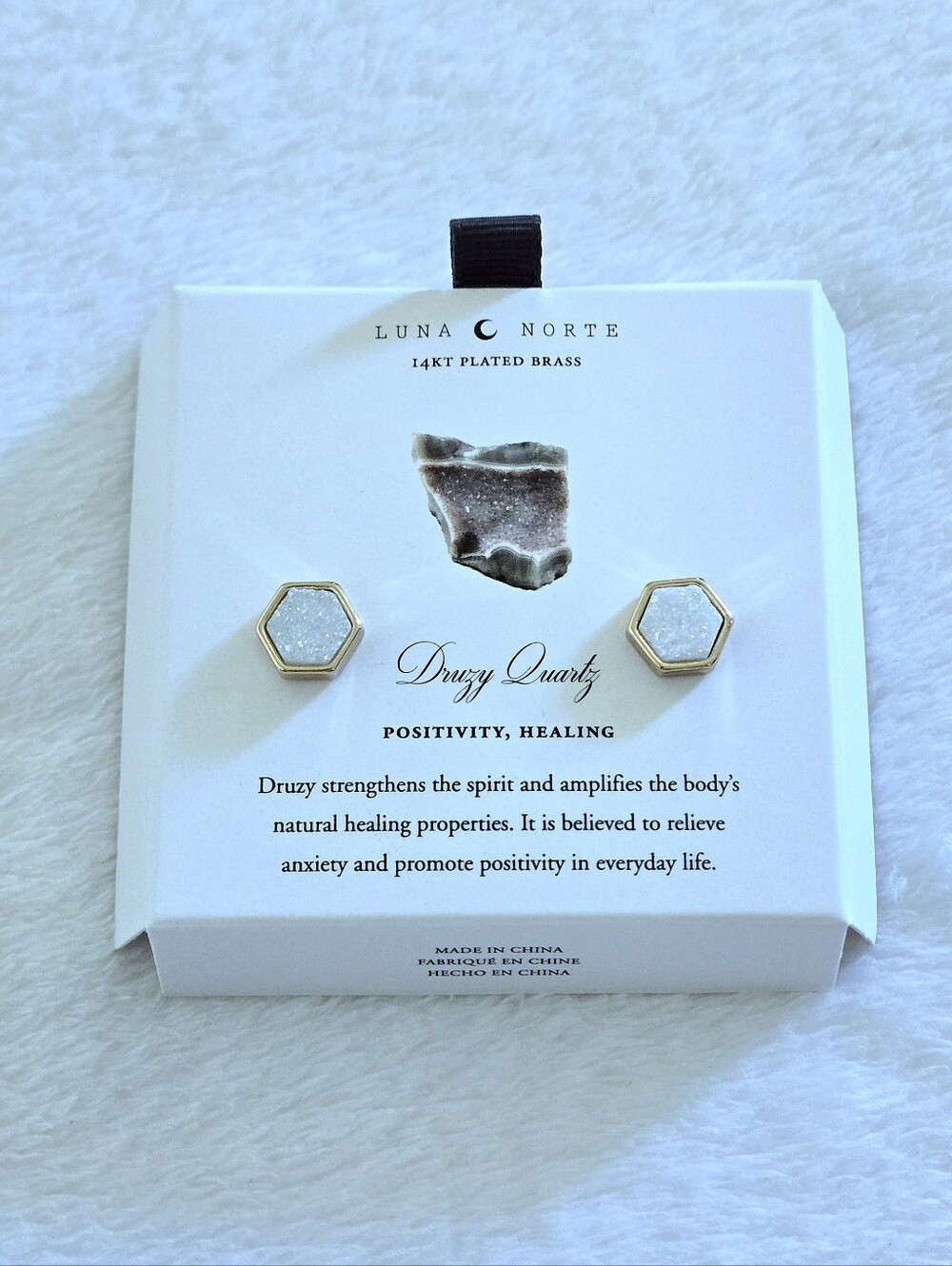 Luna🌙 Norte White Druzy Quartz Hexagon Earrings - Picture 2 of 16